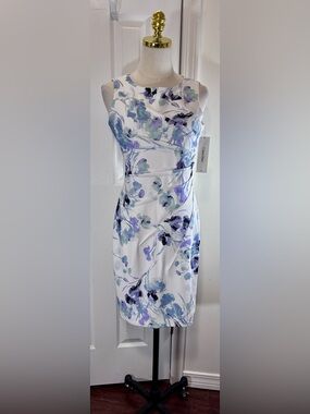 Calvin Klein Floral Crepe Sheath Dress Scoop Neck Pleat Zip Stretch Sz 8 Petite